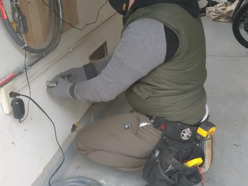 Electrician performing outlet wiring in a Royalton garage